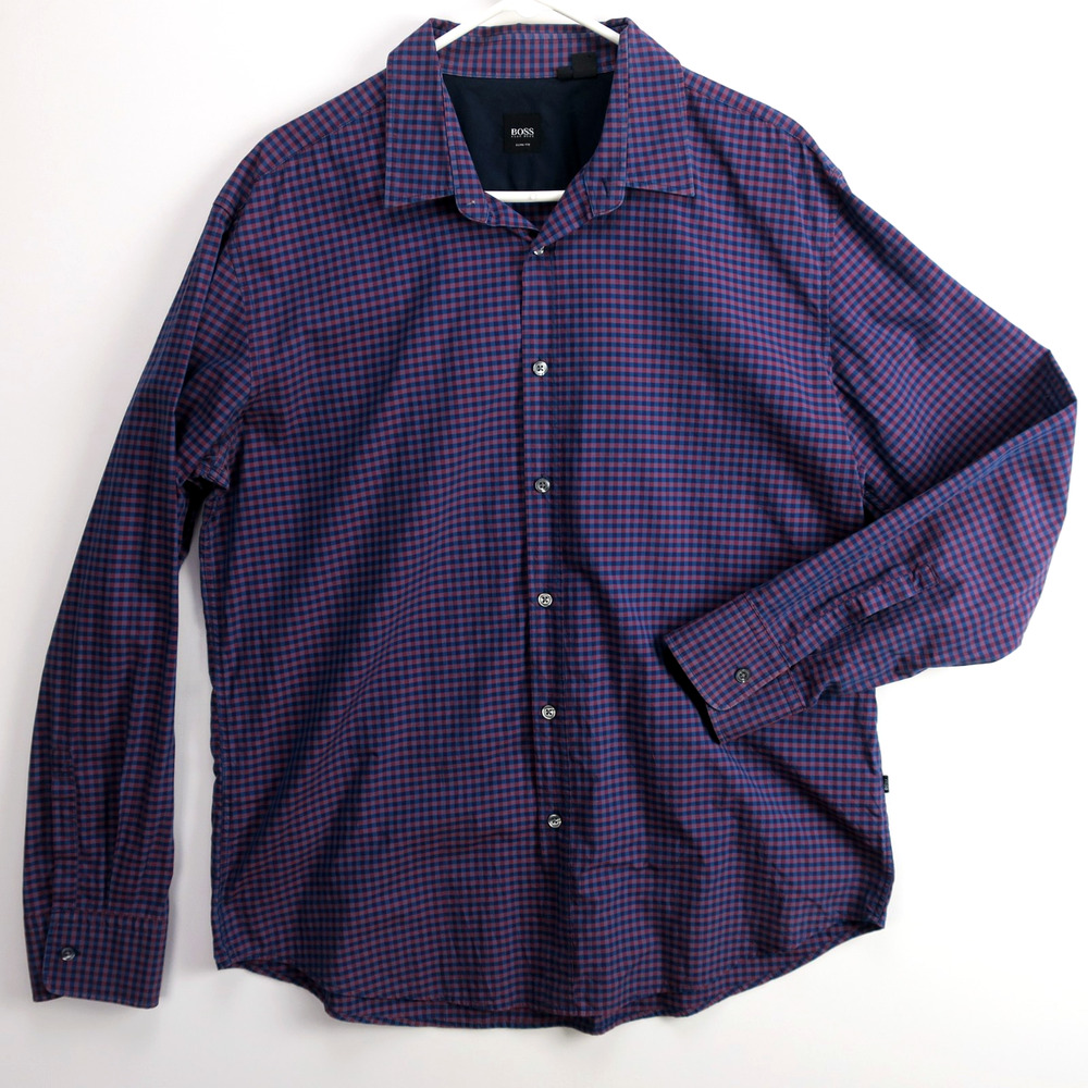 Hugo Boss Men's 2XL Slim Fit Purple Blue Check Button Up Long Sleeve Shirt